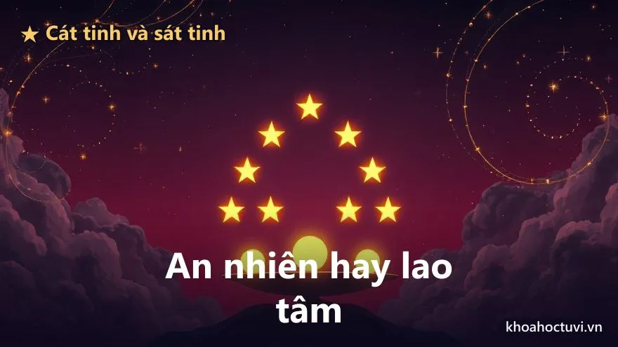 Một cán cân ánh sáng vàng, một bên là dáng người an tọa thư thái, một bên là dáng người trĩu nặng lo âu, trên nền trời tím có vài ngôi sao sáng và vài ngôi sao mờ sắc nhọn, tượng trưng cát tinh và sát tinh quyết định phúc đức an nhiên hay lao tâm trong tử vi