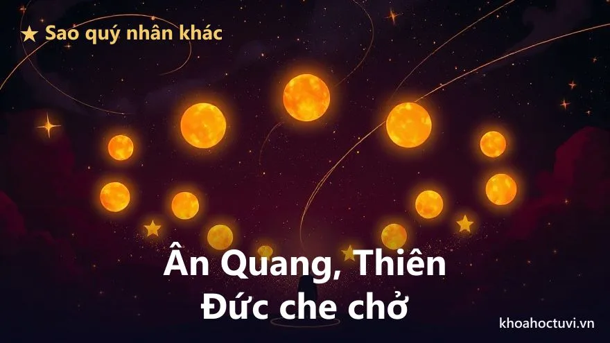 Nhiều ngôi sao vàng nhỏ với sắc thái khác nhau vây quanh và tỏa ánh sáng che chở lên một dáng người, trên nền trời tím thẫm, biểu tượng các sao quý nhân phụ trợ như Ân Quang Thiên Quý Thiên Đức Nguyệt Đức trong tử vi