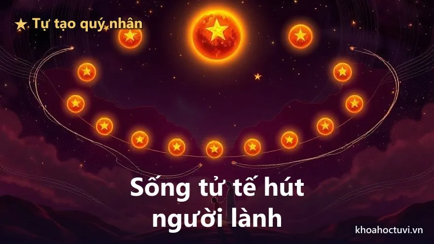 Một dáng người chìa tay giúp một người khác, và từ đó nhiều sợi ánh sáng vàng lan tỏa kết nối thành một mạng lưới người nâng đỡ nhau, trên nền trời tím sao, tượng trưng việc sống tử tế tự tạo quý nhân trong tử vi