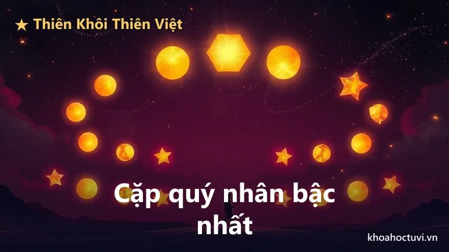 Hai ngôi sao vàng rực rỡ tỏa ánh sáng như hai ngọn đèn soi đường phía trên một người đang bước đi trong đêm, trên nền trời tím sao, biểu tượng cặp sao Thiên Khôi Thiên Việt quý nhân bậc nhất trong tử vi