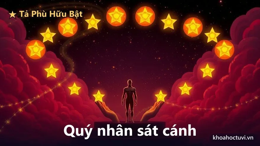 Hai ngôi sao vàng đứng hai bên nâng đỡ một dáng người ở giữa, cùng những bàn tay ánh sáng phò trợ, trên nền trời tím sao, biểu tượng cặp sao Tả Phù Hữu Bật quý nhân phụ tá sát cánh trong tử vi
