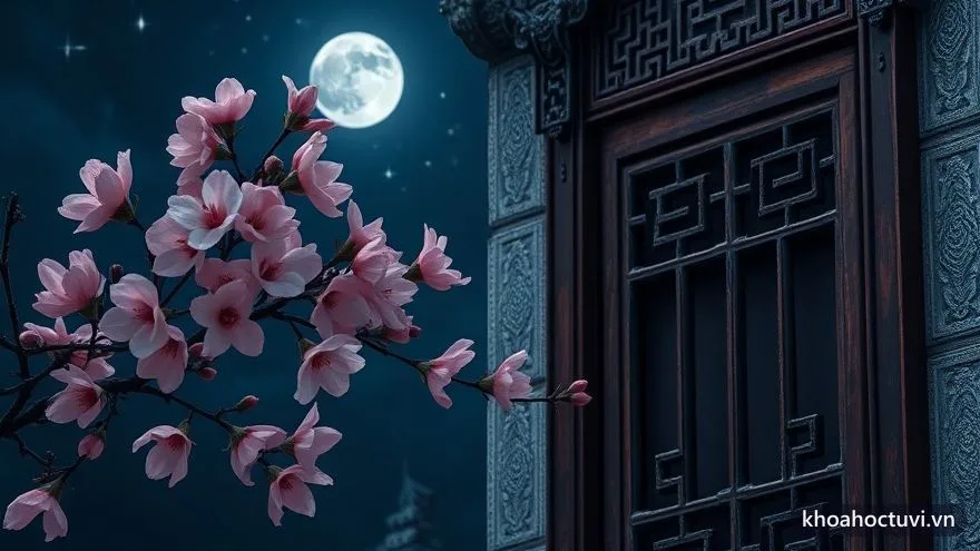 Sao Đào Hoa đóng ở các cung khác nhau tượng trưng bằng cành đào nở rực bên khung cửa cổ