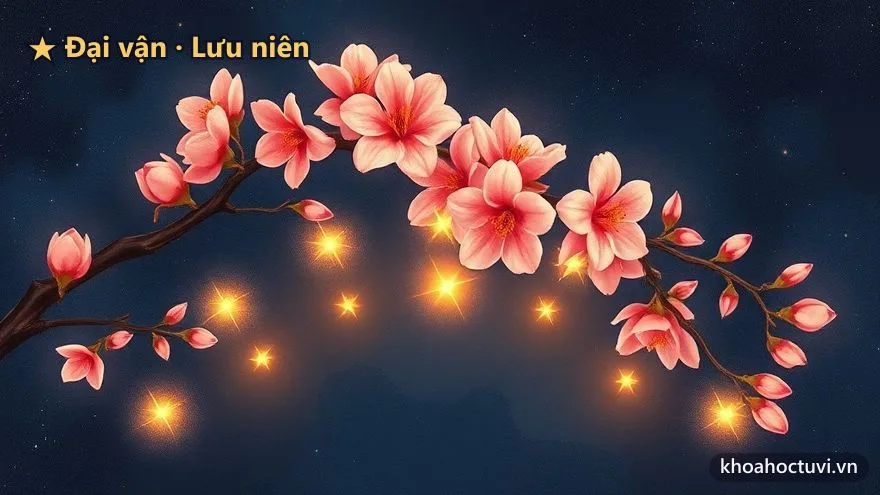Cành đào nở hoa hồng rực bên vòng sao vàng tượng trưng chu kỳ các năm — sao Đào Hoa động trong đại vận và lưu niên