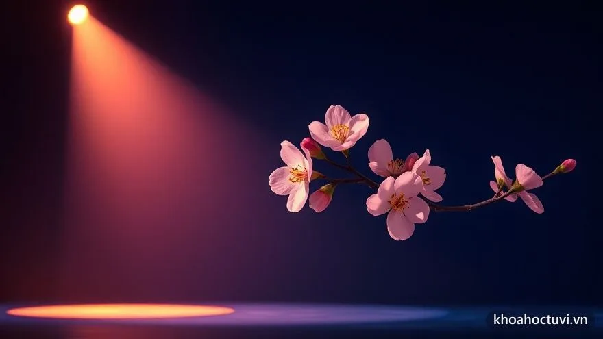 Nghề nghiệp hợp với người có sao Đào Hoa sáng tượng trưng bằng ánh đèn sân khấu chiếu vào cành hoa đào