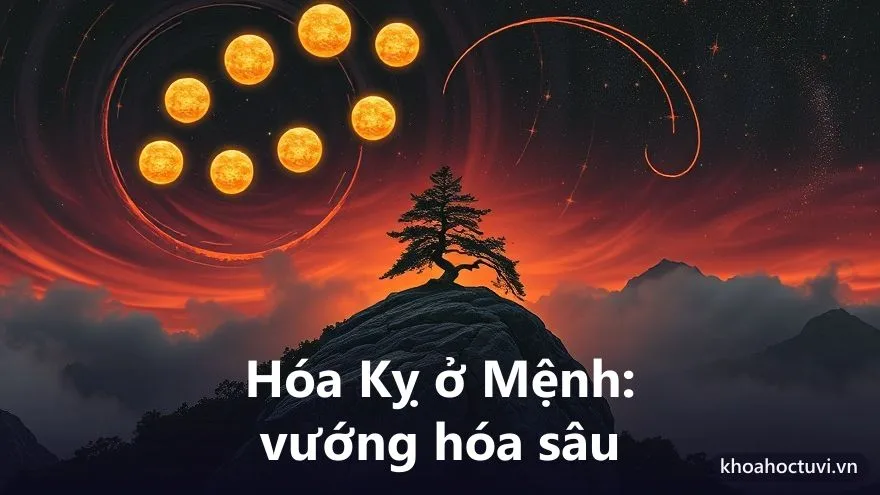 Cây tùng cổ mọc xuyên qua tảng đá trên đỉnh núi, biểu tượng Hóa Kỵ tại cung Mệnh biến trở ngại thành chiều sâu