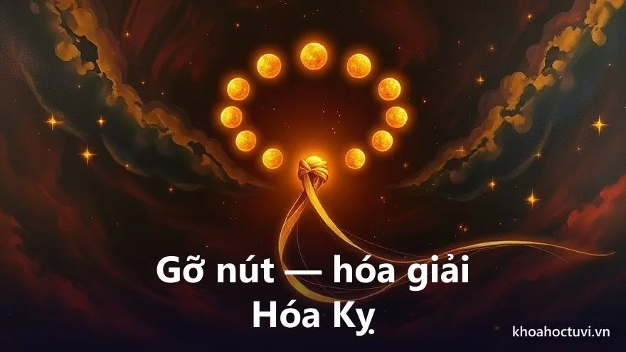 Biểu tượng cách hóa giải Hóa Kỵ: nút thắt được tháo dần thành sợi chỉ vàng suôn sẻ