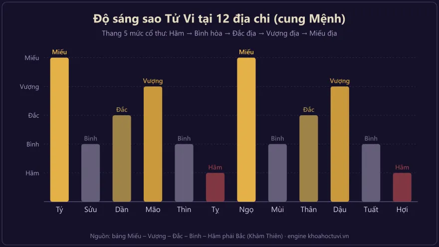 Biểu đồ độ sáng sao Tử Vi tại 12 địa chi cung Mệnh