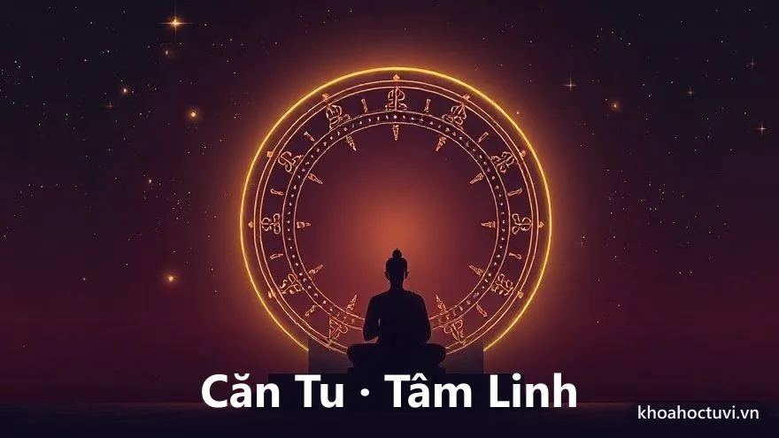 Một dáng người ngồi thiền tĩnh lặng giữa vòng mười hai cung, phía trên là ánh sáng vàng dịu tỏa xuống như hào quang, xung quanh là các vì sao mờ trên nền trời tím thẫm, minh họa xem số đi tu trong tử vi là nhận diện thiên hướng tâm linh