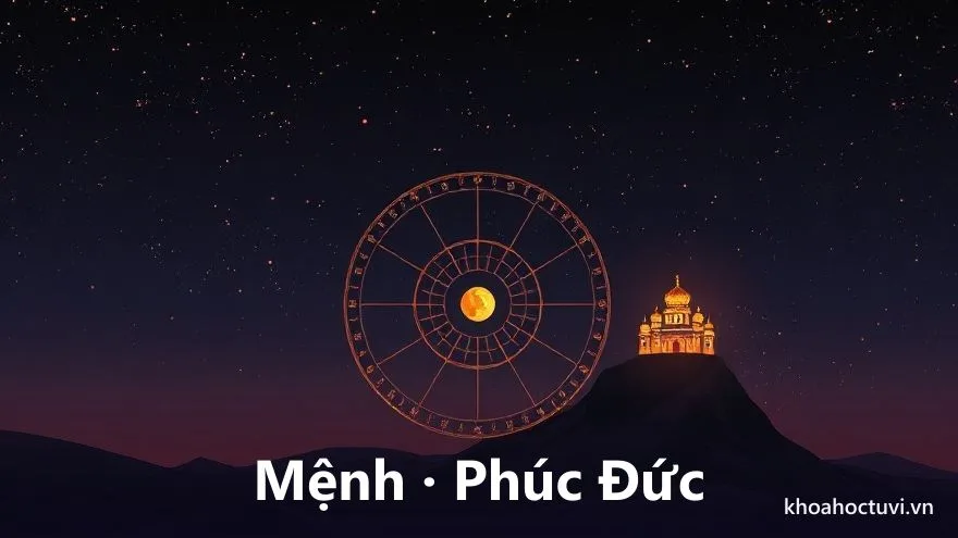 Hai cung sáng trên vòng mười hai cung là cung Mệnh và cung Phúc Đức được nối bằng một dải ánh sáng vàng dịu, cả hai cùng tỏa khí tĩnh lặng thanh khiết, trên nền trời tím thẫm điểm sao, minh họa cung Mệnh và cung Phúc Đức soi căn tu trong tử vi