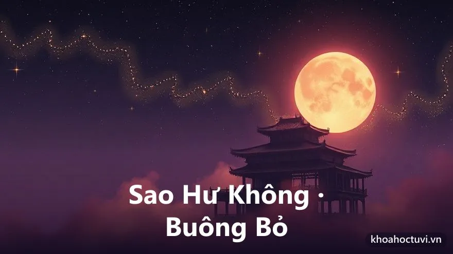 Một cung trên vòng mười hai cung với biểu tượng vòng tròn rỗng phát ánh sáng tím nhạt, xung quanh vật chất và tiền bạc tan biến thành khói, trên nền trời tím thẫm điểm sao, minh họa các sao hư không buông bỏ như Không Kiếp trong số đi tu tử vi