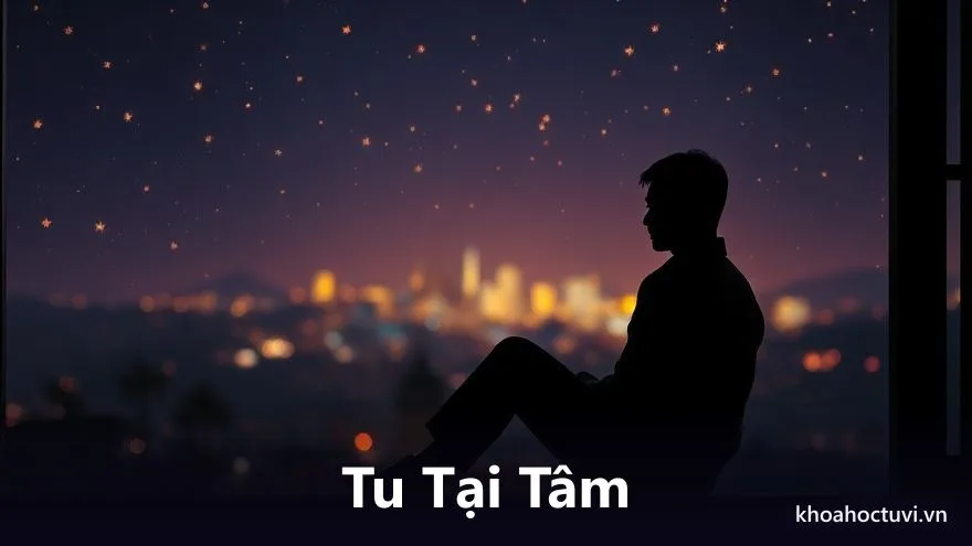 Một người mặc thường phục ngồi tĩnh lặng bên cửa sổ có ánh nắng vàng chiếu vào, trong không gian đời thường giản dị nhưng an nhiên, phía xa là bóng dáng mờ của phố xá, trên gam màu tím ấm, minh họa người có căn tu vẫn sống đời thường an lạc trong tử vi