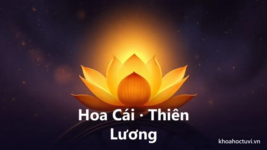 Một đóa sen vàng nở giữa vòng mười hai cung, phát ánh sáng thanh khiết, phía trên có một vầng hào quang dịu, trên nền trời tím thẫm điểm sao, minh họa sao Hoa Cái và Thiên Lương mang khí thanh cao tâm linh trong số đi tu tử vi