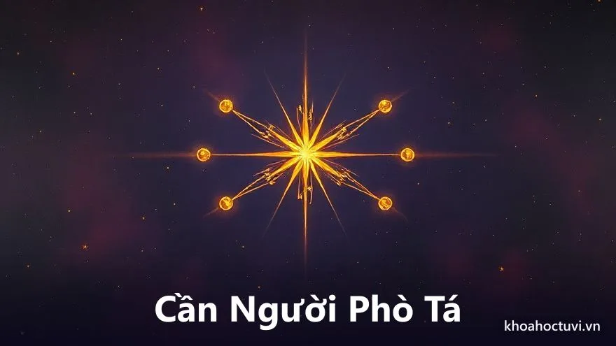 Một ngôi sao lớn sáng rực ở trung tâm được nhiều ngôi sao nhỏ hơn vây quanh nâng đỡ, nối với nhau bằng các dải sáng vàng tạo thành thế chầu về, trên nền trời tím sao, minh họa các sao phò tá quanh sao lãnh đạo trong tử vi