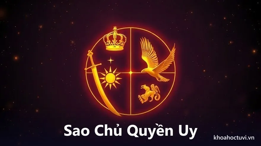 Sáu biểu tượng quyền uy khác nhau như vương miện, thanh kiếm tướng quân, mặt trời rực sáng và ấn triện, mỗi biểu tượng phát ánh sáng vàng riêng, sắp quanh một vòng tròn trên nền trời tím sao, minh họa các sao chủ quyền uy trong tử vi