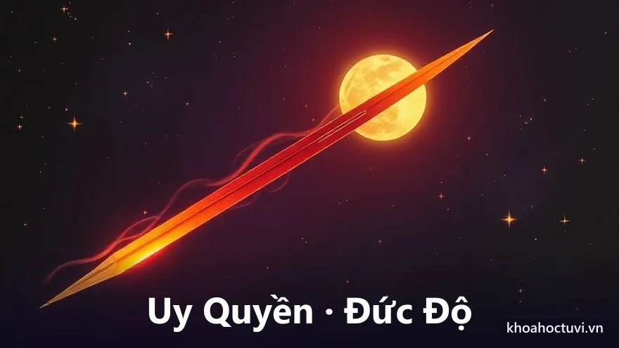 Hai hình ảnh biểu tượng đặt cạnh nhau, một bên là thanh kiếm tướng quân sắc lạnh phát ánh sáng đỏ vàng tượng trưng lãnh đạo uy quyền, một bên là vầng mặt trời ấm áp che chở tượng trưng lãnh đạo đức độ, trên nền trời tím thẫm điểm sao, minh họa hai phong cách lãnh đạo trong tử vi