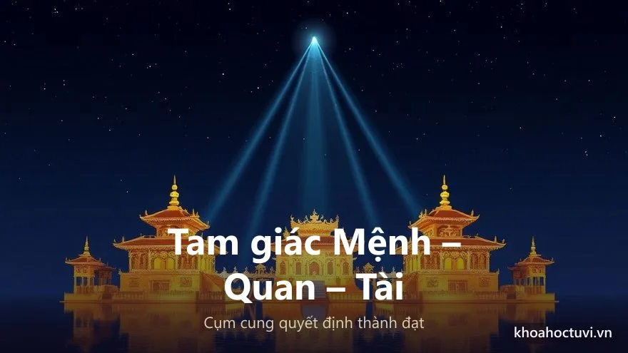 Sơ đồ tam giác Mệnh – Quan – Tài trong tử vi với ba cung điện vàng nối bằng ánh sáng
