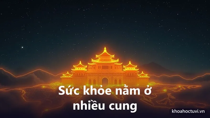 Bản đồ các cung liên quan sức khỏe trong lá số tử vi, nối bằng ánh sáng vàng trên nền đêm