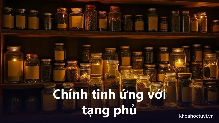 Kệ gỗ cổ trưng nhiều lọ thảo dược thủy tinh dưới ánh nến vàng ấm, mỗi lọ một loại khác nhau