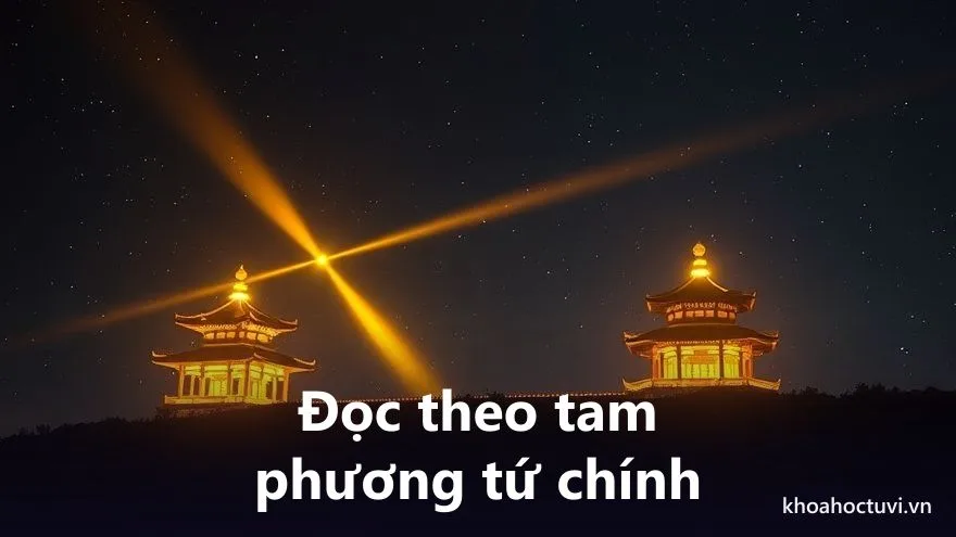 Bốn ngôi điện nối nhau bằng ánh sáng vàng thành thế tam hợp và một trục đối cung, trên nền đêm