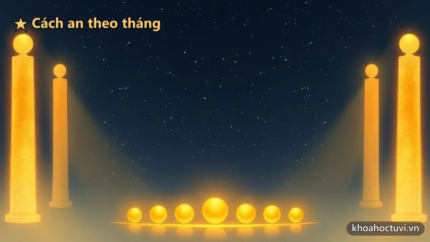 Hai cột sáng vàng hai bên và mười hai đốm sáng xếp thành hàng — cách an Tả Phù, Hữu Bật theo tháng sinh trên địa bàn