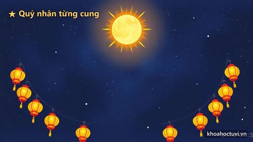 Mười hai đèn lồng cung điện phát sáng dưới trời sao, hai ánh sáng vàng rực tỏa tia nâng đỡ — quý nhân Tả Phù Hữu Bật ở từng cung