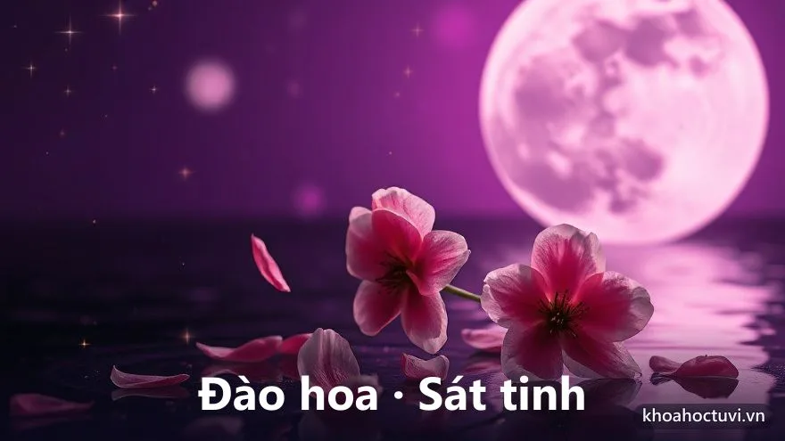 Nhiều cánh hoa đào bay theo gió xoáy quanh hai ngôi sao mờ, vài cánh rơi xuống dòng nước dưới ánh trăng tím, tranh sơn dầu, biểu tượng sao đào hoa cùng sát tinh gây tình duyên nhiều lần thay đổi trong tử vi