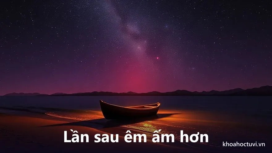 Một con thuyền cập vào bến bờ ấm áp có ánh đèn vàng dưới trời tím sao, phía sau xa là con sóng đã lặng, tranh sơn dầu, biểu tượng lần tái hôn sau êm ấm hơn khi người ta đã trưởng thành trong tử vi