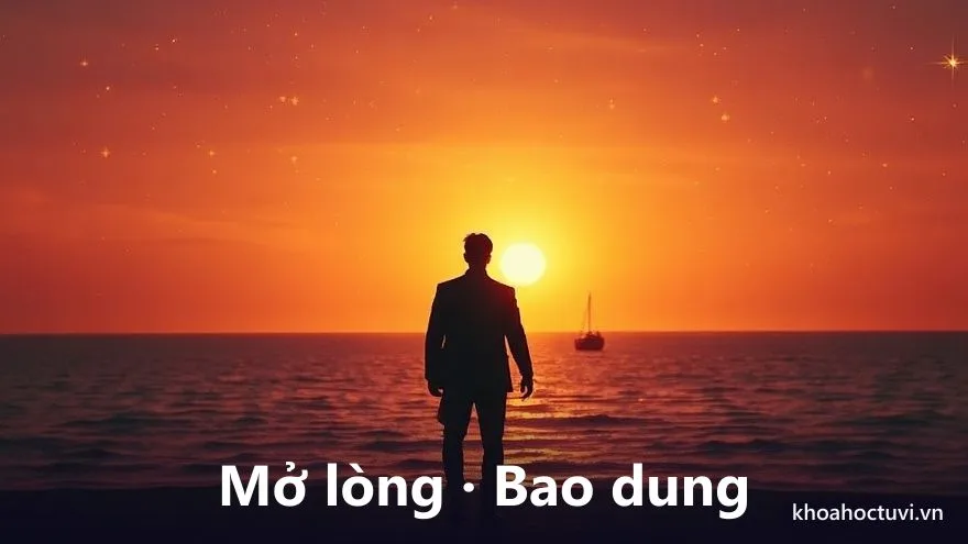Một người đứng trên bờ chìa tay đón một con thuyền cập bến trong ánh bình minh vàng ấm trên nền trời tím dần sáng, tranh sơn dầu, biểu tượng mở lòng đón hạnh phúc lần hai và sống bao dung với bản thân trong tử vi
