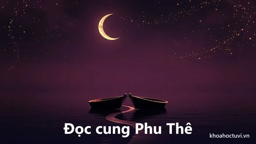 Sơ đồ lá số 12 cung với cung Phu Thê nổi bật, hai vầng trăng khuyết soi trên hai con thuyền nhỏ nối nhau bằng dòng nước, trên nền trời tím, tranh sơn dầu, minh họa cách xem số tái hôn trong tử vi qua cung Phu Thê