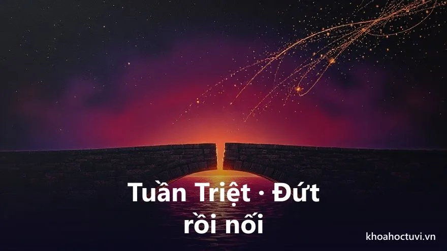 Một cây cầu bắc qua khoảng nước tối, giữa cầu có một đoạn đứt gãy nhưng được nối lại bằng một dải ánh sáng vàng, trên nền trời tím sao, tranh sơn dầu, biểu tượng Tuần Triệt cung Phu Thê duyên đứt rồi nối trong tử vi