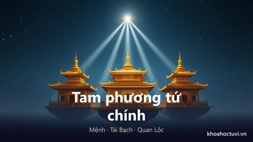 Sơ đồ tam giác Mệnh – Tài – Quan trong tử vi với ba cung điện vàng nối bằng ánh sáng