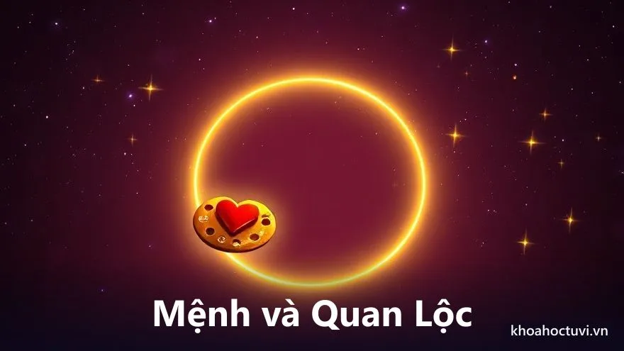 Hai vòng tròn ánh sáng vàng giao nhau dưới trời tím sao, một vòng chứa biểu tượng trái tim và bảng màu, vòng kia chứa bánh răng và chiếc cặp, phần giao ở giữa sáng rực, tranh sơn dầu, biểu tượng tài năng ở cung Mệnh và cung Quan Lộc giao nhau trong tử vi