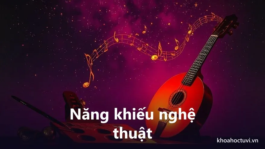 Một bảng màu vẽ và cây cọ phát sáng cùng một cây đàn tỏa những nốt nhạc vàng bay lên trời tím sao, tranh sơn dầu lãng mạn, biểu tượng năng khiếu nghệ thuật hội tụ từ Văn Khúc Thái Âm Tham Lang trong tử vi