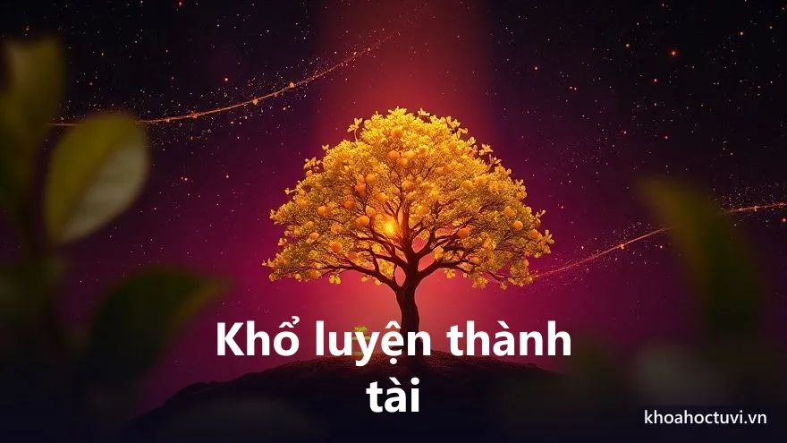 Một hạt mầm nhỏ được đôi bàn tay ánh sáng chăm chút, dần vươn thành cây phát sáng vàng đầy trái, trên nền trời tím sao, tranh sơn dầu, biểu tượng tài năng cần khổ luyện mới thành và ai cũng có sở trường riêng trong tử vi