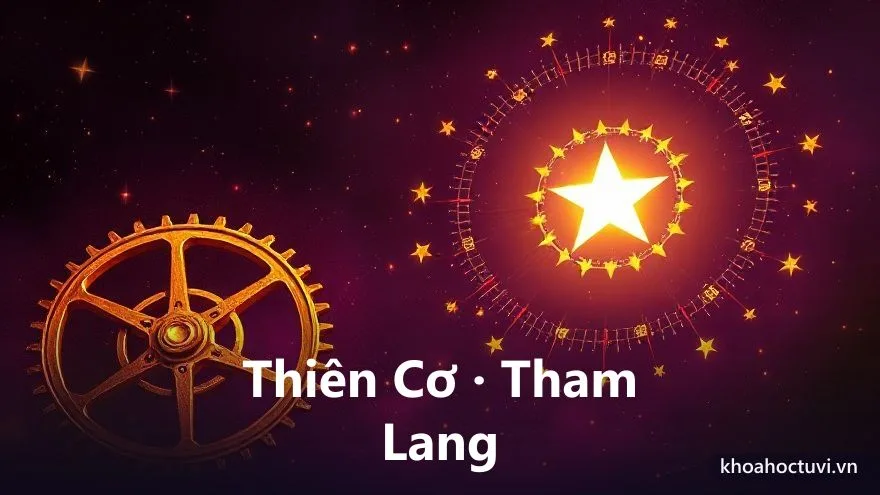 Bên trái một bộ bánh răng vàng đang chuyển động ăn khớp phát sáng, bên phải nhiều biểu tượng nghề nghiệp và nghệ thuật xoay quanh một ngôi sao, trên nền trời tím, tranh sơn dầu, biểu tượng sao Thiên Cơ mưu trí và Tham Lang đa tài trong tử vi