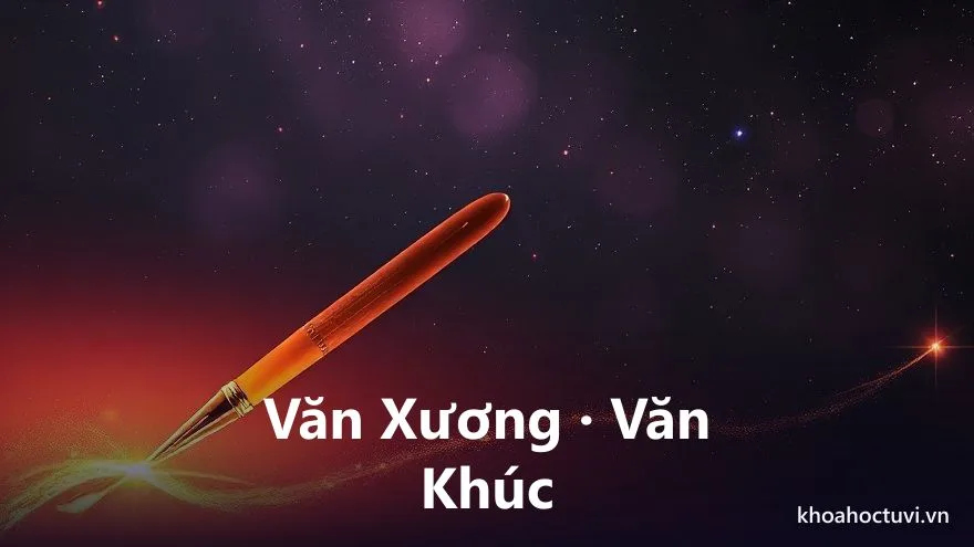 Một cây bút lông phát sáng vàng lướt trên trang giấy tỏa ánh sao, xung quanh là những nốt nhạc và nét cọ bay lượn, trên nền trời tím, tranh sơn dầu, biểu tượng sao Văn Xương Văn Khúc chủ văn tài và nghệ thuật trong tử vi