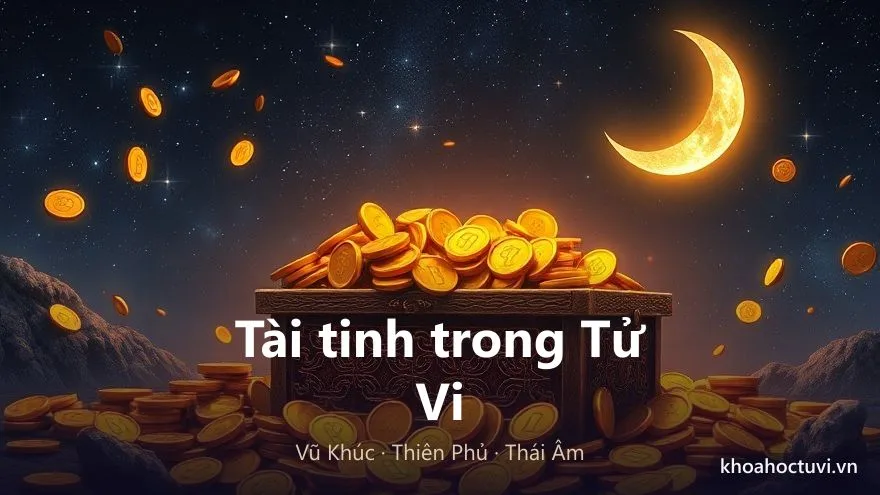 Biểu tượng tài tinh trong tử vi: rương vàng, tiền cổ và vầng trăng Thái Âm trên nền sao