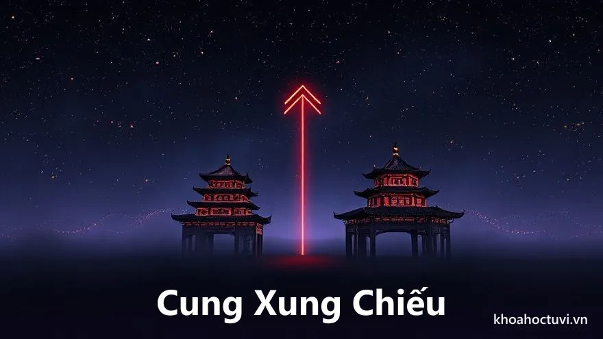 Hai cung nằm đối diện nhau qua tâm một vòng tròn mười hai cung, nối bằng một mũi tên ánh sáng đỏ vàng đi thẳng qua tâm, xung quanh là các vì sao trên nền trời tím, minh họa quan hệ xung chiếu giữa hai cung đối diện trong tử vi