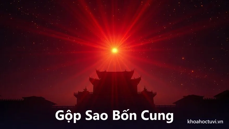 Một cung trung tâm hội tụ bốn luồng sáng, hai luồng vàng dịu từ hai cung tam hợp và một luồng đỏ mạnh từ cung xung chiếu, tất cả gom về giữa tạo thành một quầng sáng tổng hợp trên nền trời tím sao, minh họa cách gộp sao bốn cung để luận một cung trong tử vi