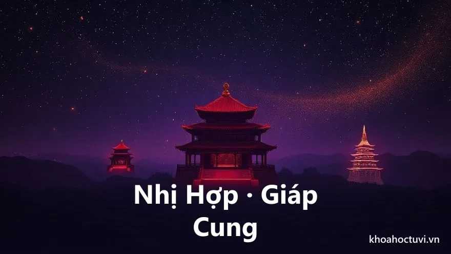 Một cung trung tâm với hai cung kề sát hai bên phát ánh sáng vàng ép vào giữa, và một dải sáng mảnh nối tới một cung nhị hợp ở xa, trên vòng mười hai cung nền trời tím sao, minh họa quan hệ nhị hợp và giáp cung bổ trợ trong tam hợp xung chiếu tử vi