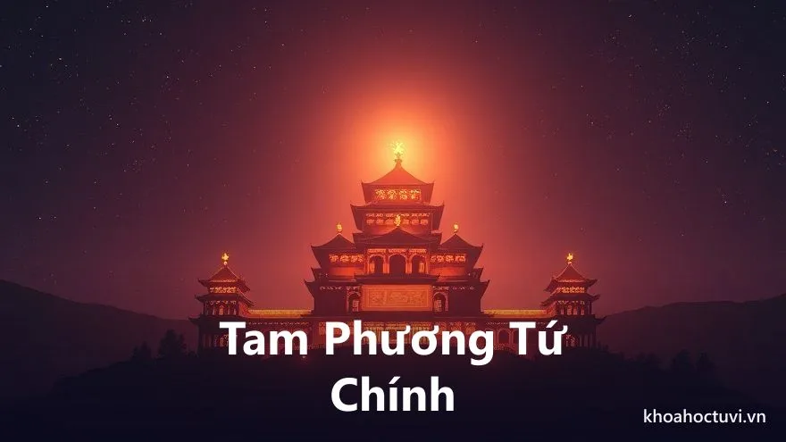 Một vòng mười hai cung trên nền trời tím, với một cung sáng ở giữa nối bằng ba dải ánh sáng vàng tới hai cung tam hợp tạo hình tam giác và một cung đối diện, minh họa thế tam phương tứ chính trong tam hợp xung chiếu của tử vi