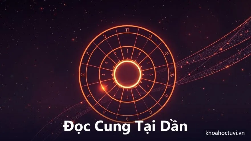Một cung Mệnh sáng ở vị trí Dần trên vòng mười hai cung, với các dải sáng nối tới hai cung tam hợp Ngọ và Tuất và một mũi tên tới cung Thân đối diện, minh họa ví dụ đọc một cung bằng tam phương tứ chính trong tử vi