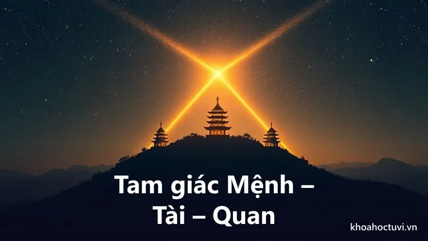 Ba ngôi điện vàng trên đỉnh núi nối nhau bằng ba luồng ánh sáng thành một tam giác, dưới bầu trời sao