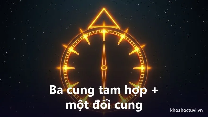 Vòng mười hai cung tử vi với một tam giác sáng nối ba cung tam hợp và một tia đối cung, trên nền trời sao