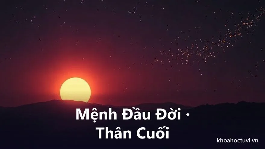 Một trục thời gian hình vòng cung đi từ bình minh sang hoàng hôn, nửa đầu chiếu sáng từ điểm cung Mệnh, nửa sau chiếu sáng từ điểm cung Thân, hai luồng sáng hòa vào nhau ở giữa trên nền trời tím — minh họa phối Mệnh và Thân để luận trọn một đời trong tử vi