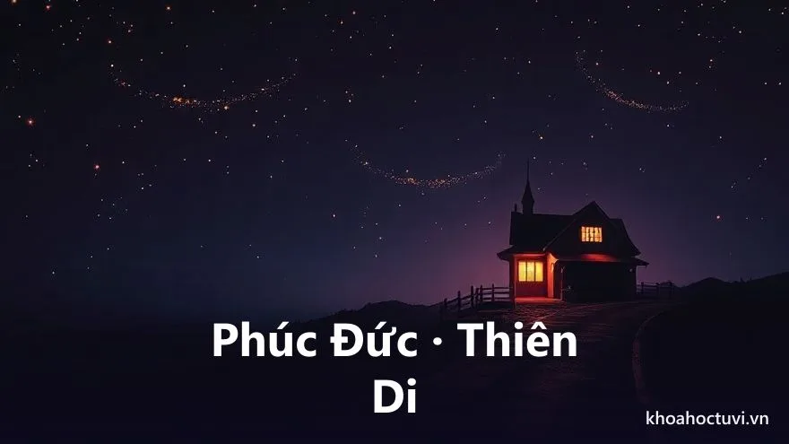 Hai khung cảnh biểu tượng đặt cạnh nhau, một bên là ngôi nhà ấm áp với ánh sáng vàng dịu tượng trưng phúc đức an nhàn, một bên là con đường trải dài về phía chân trời tượng trưng thiên di bôn ba, trên nền trời tím sao — minh họa thân cư ở cung phúc đức và thân cư ở cung thiên di trong tử vi