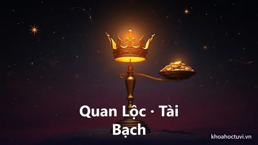 Một cán cân biểu tượng, một bên đĩa là chiếc ấn quyền phát ánh sáng vàng tượng trưng quan lộc, bên kia là những đồng tiền cổ xếp chồng tượng trưng tài bạch, đặt giữa vòng ánh sáng trên nền trời tím sao — minh họa thân cư ở cung quan lộc và cung tài bạch trong tử vi