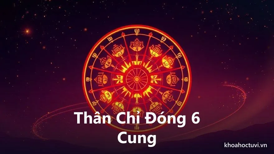Một vòng mười hai cung với sáu cung sáng rực nổi bật hơn hẳn các cung còn lại, mỗi cung sáng mang một biểu tượng khác nhau, trên nền trời tím — minh họa cách an thân cư khi Thân chỉ đóng ở sáu cung trong tử vi