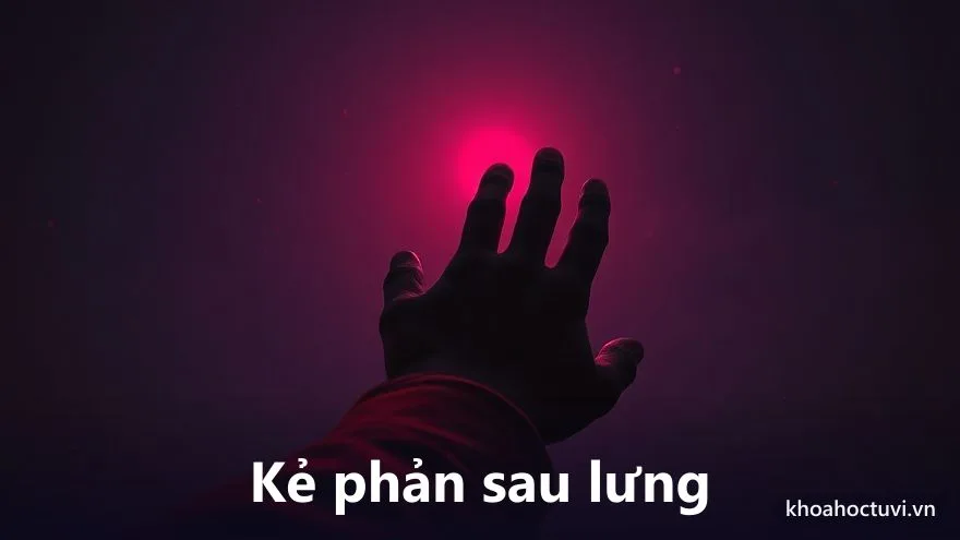 Một bàn tay ẩn trong bóng tối thò ra từ phía sau lưng một dáng người đứng dưới ánh sao mờ, ánh đỏ trầm cảnh báo, tranh sơn dầu, biểu tượng cung Nô Bộc và kẻ phản trắc sau lưng trong tử vi