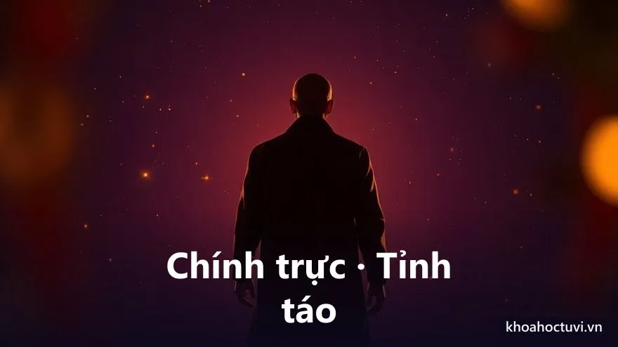 Một dáng người đứng vững thẳng lưng trong luồng ánh sáng vàng ấm, những bóng đen xung quanh lùi lại phía sau, trên nền trời tím sao, tranh sơn dầu, biểu tượng chính trực và tỉnh táo hóa giải vận tiểu nhân trong tử vi